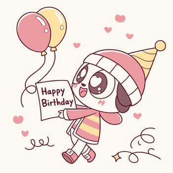 a cartoon character holding a balloon and a happy birthday card vector