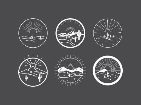 Collection of six minimalist desert sunset illustrations, each with unique landscape variations, perfect for branding or design projects. Clean, modern aesthetic. vector