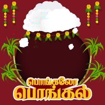 Vibrant Pongal celebration design with traditional decorations and a red background, perfect for your advertisement. Translate Happy Pongal Tamil text. vector