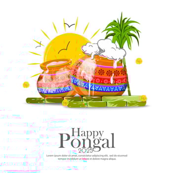 Colorful Pongal celebration design with sun, clay pot, and sugarcane, illustration. vector