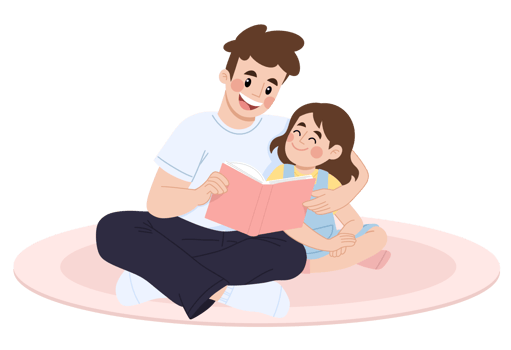 Illustration of father and little girl reading a book png