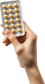 a woman holding a pack of pills on a transparent background png