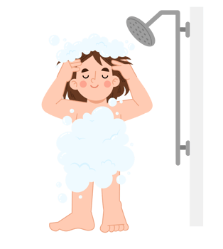 Illustration of girl enjoying shower with bubbles png