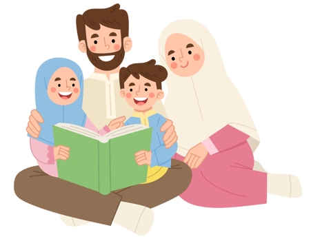 Illustration of a Muslim family reading a book together png