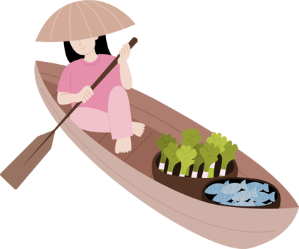 woman sell fish and vegetable on a boat png