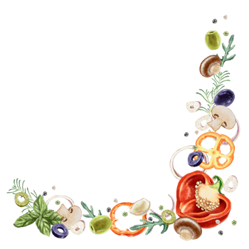 Corner frame made of vibrant assorted of fresh groceries. vegetables, herbs, onions, peppers and olives. Perfect for restaurant menus, kitchen decor, food packaging, culinary blog visuals. Watercolor png