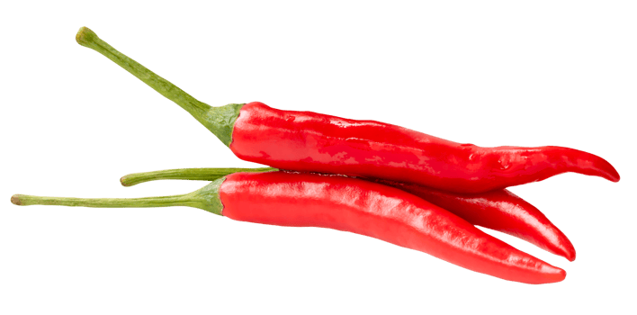 Three fresh red chili peppers or cayenne peppers in stack isolated with clipping path in file format png