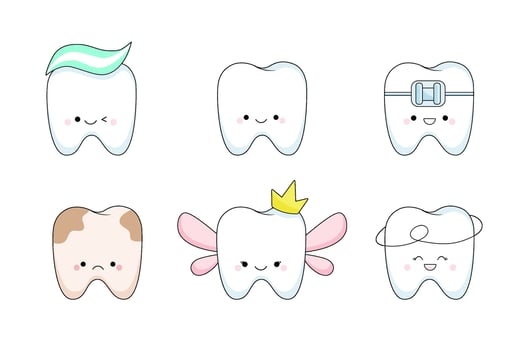 A set of kawaii teeth characters. Charming children's illustration. The concept of oral hygiene and pediatric dentistry vector