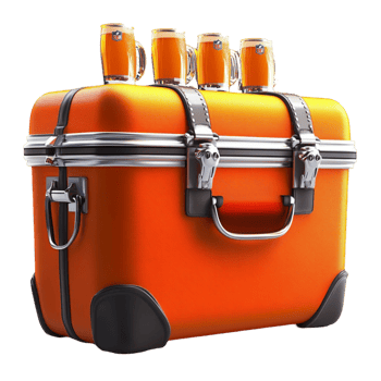 Orange Suitcase with Four Beer Glasses on Top on Transparent Background png