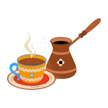 Turkish coffee with cezve. Traditional hot drink. Hand drawn illustration. vector