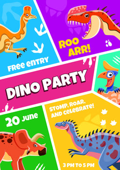 Kids party flyer with funny dino characters vector