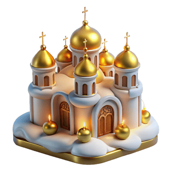 3D cathedral with golden domes and intricate details. png