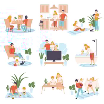 Parents and Their Kid in Everyday Life at Home Set, Family Cooking, Eating, Reading Books, Watching TV, Playing Games Together Illustration vector