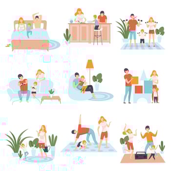 Parents and Their Kid in Everyday Life at Home Set, Family Cooking, Reading Books, Doing Sports, Playing Games, Dancing Together Illustration vector