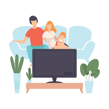 Mother, Father and Sin Sitting on Sofa and Watch Movie, Family in Everyday Life at Home Illustration vector