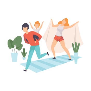 Father Giving Piggyback Ride to Son, Boy Playing with Parents in Living Room, Mother, Father and Their Son in Everyday Life at Home Illustration vector