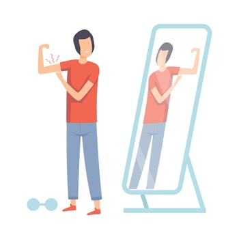 Teen Guy Standing in Front of Mirror Pretending to Be Strong Illustration vector