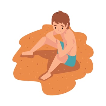 Boy Sitting and Sunbathing on Sandy Beach Illustration vector