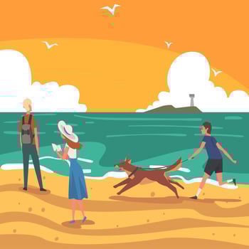 People Relaxing on Seaside at Summer Time on Sunrise, Tropical Resort Landscape with Ocean or Sea, Guy Running with His Dog, Girl Reading Book on Beach Illustration vector