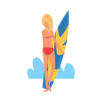 Girl Surfer Character Standing with Surfboard, Recreational Beach Water Sport, Young Woman Enjoying Summer Vacation Illustration vector