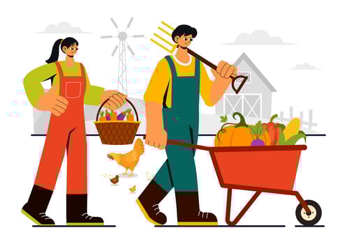 Rural Family Farm Illustration with Parents Harvesting in a Flat Cartoon Style vector