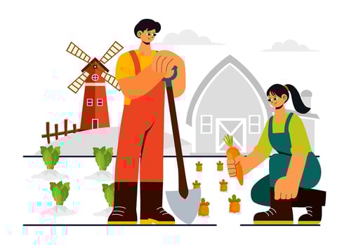 Family Working on a Countryside Farm Illustration in Flat Cartoon Style vector