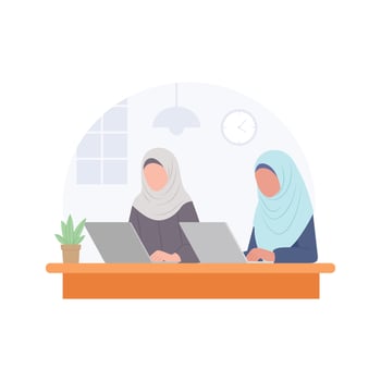 Two Hijab womens working closely together at a shared desk illustration vector