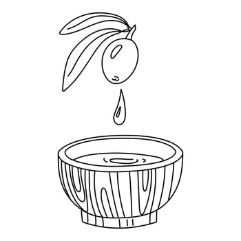 An olive, a drop of olive oil falls into a wooden bowl. Contour isolated group illustration. Squeeze olive oil from a whole olive with leaves. Eco-friendly food preparation product. Shows the spin vector