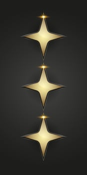Set of three golden stars with smooth, reflective surfaces, radiating luxury and elegance. vector
