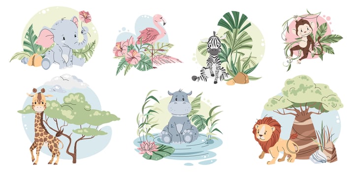 Cute african animals and plants on white background. illustration animals for children s card, sticker, print, etc. vector