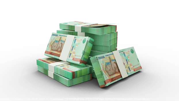 3d rendering of Stacks of 200000 Uzbekistani Som notes. bundles of Uzbekistan currency notes isolated on transparent background. png