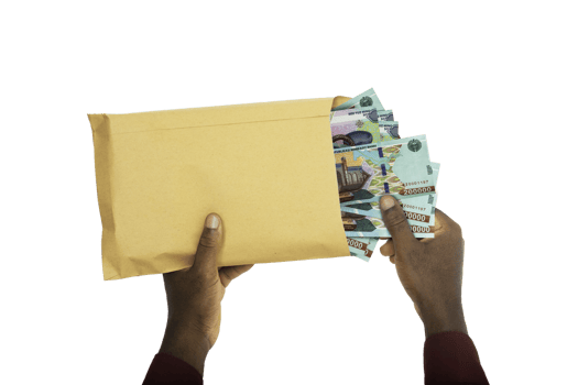 black male hands holding opened brown envelope containing Uzbekistan som notes on transparent background png
