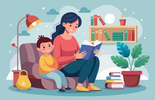 Mother and son reading book together in the living room vector