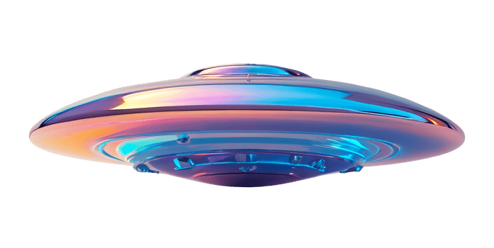 3D chrome element in Y2K style, isolated background, liquid holographic metal. A shiny, colorful, and reflective UFO floating in the air, made of a metallic material. png