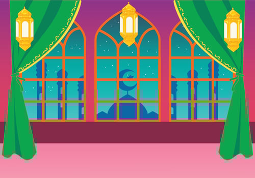 Warm Ramadan home background with a large window view of a beautiful mosque silhouette at dusk. vector