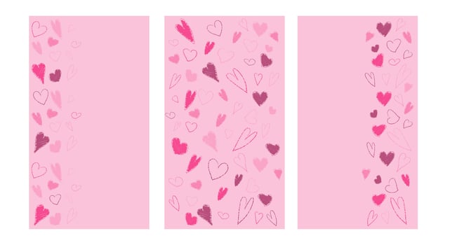 Vertical crayon heart pattern. Valentine stories banner drawn with pastel. Abstract love frame border with charcoal material scratch. 14 February lipstick texture background set. Chalk stroke design. vector