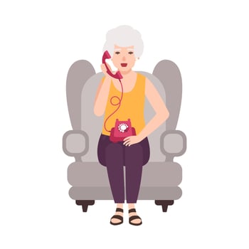 Old lady, elderly woman or granny sitting in cozy armchair and talking on phone. Portrait of grandmother at home. Smiling female cartoon character isolated on white background. illustration vector