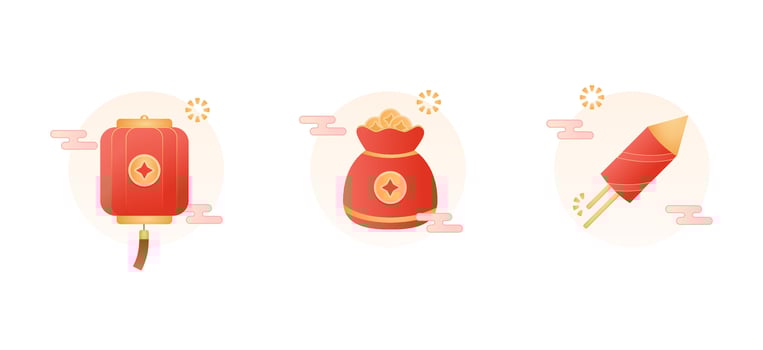 Red lantern, money bag, and firecracker icon set, depict Chinese New Year. Perfect for festive designs, holiday promotions, cultural celebrations, and event invitations. vector