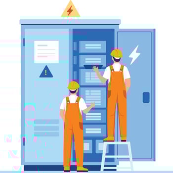 Electricians working on electrical panel, safety gear, and equipment vector