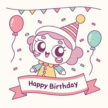 happy birthday card with a cute girl in a clown costume vector