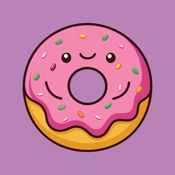 Kawaii Pink Frosted Donut Cartoon Illustration Design vector