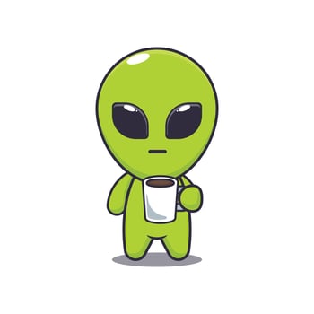 alien is tired and sleepy holding coffee. mascot cartoon character illustration. vector