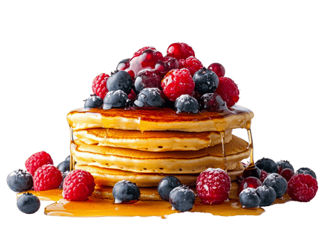 Pancakes topped with honey and mixed berries png