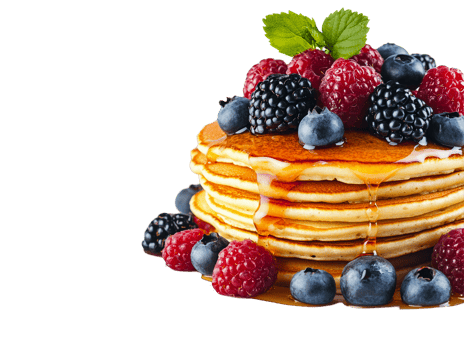 Fluffy pancakes topped with berries and honey png