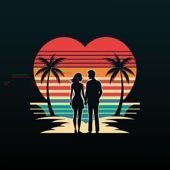 A couple on the beach with palm trees and a heart vector