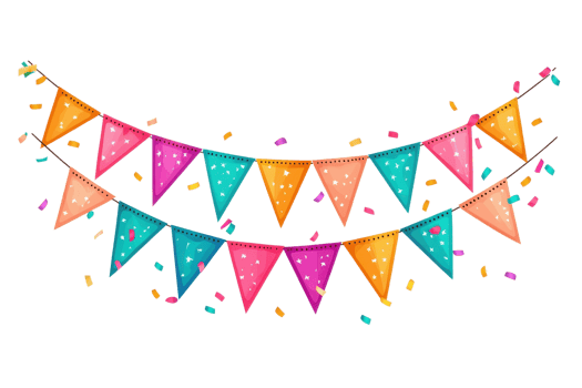 Colorful party banners with vibrant triangular flags and confetti, perfect for celebrations and festive occasions. png