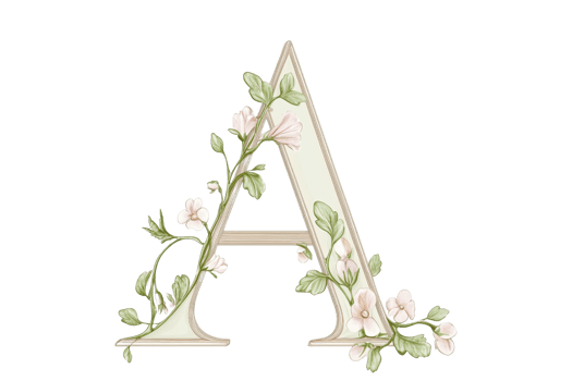 A floral letter A adorned with delicate flowers and green leaves, showcasing an elegant design. png