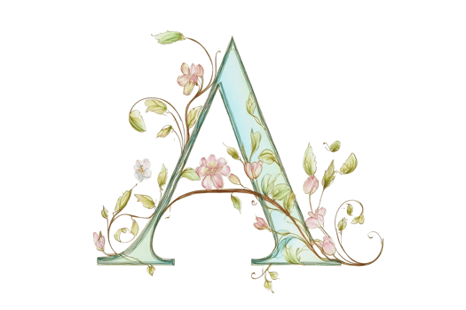 A decorative letter A adorned with floral elements and soft colors, creating an elegant and artistic appearance. png