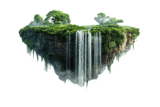 A stunning floating island features lush greenery and cascading waterfalls, creating a breathtaking natural spectacle. png