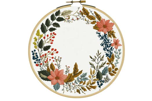 A circular embroidery hoop featuring a floral wreath design with colorful leaves and flowers on a light background. png